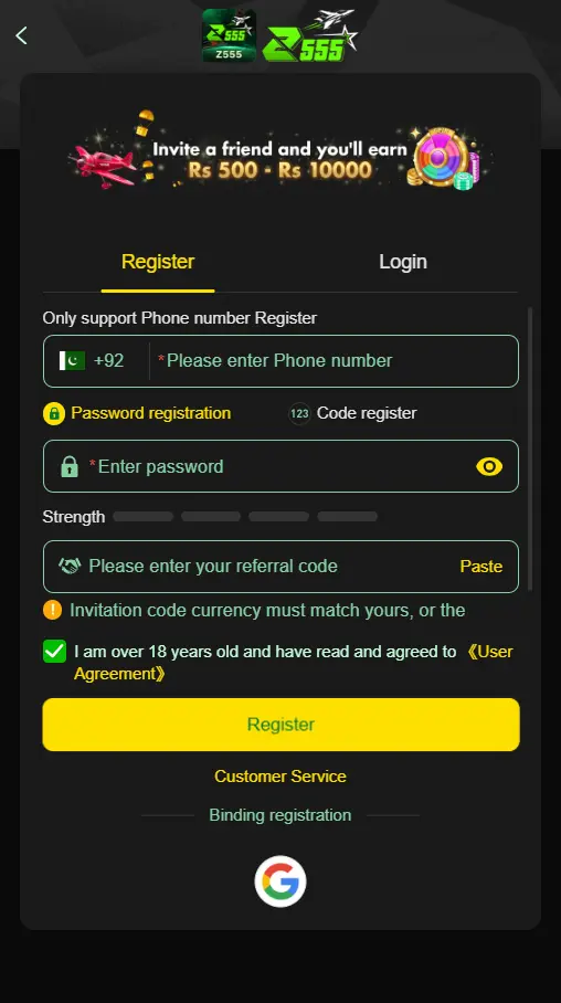 Z555 Game Register and login
